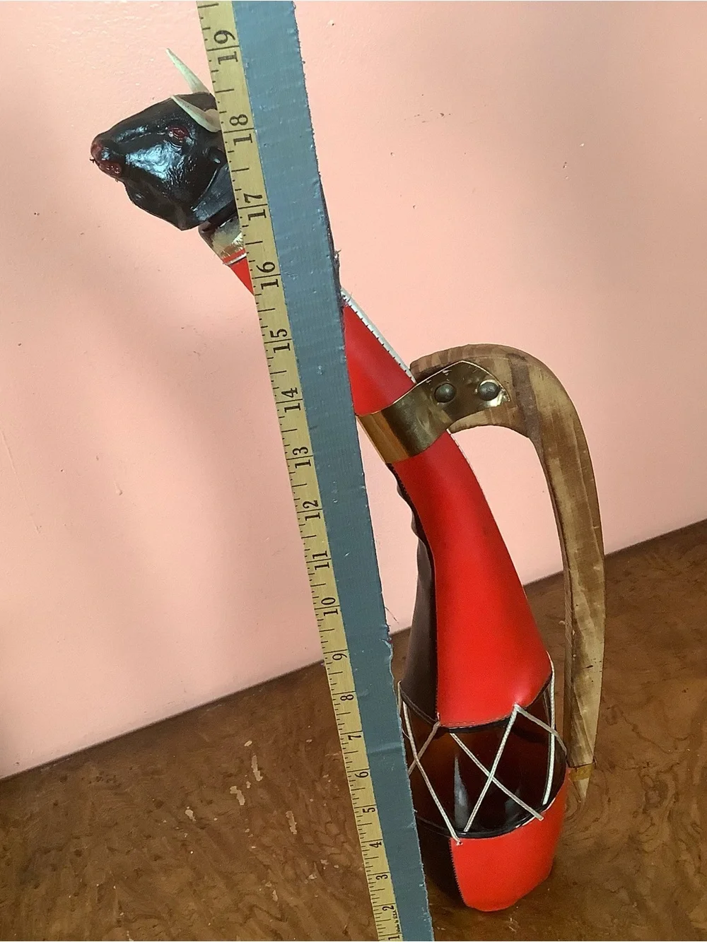 Red Black Leather-Wrapped Glass Decanter, Bull Head Stopper & Wood Handle 18”